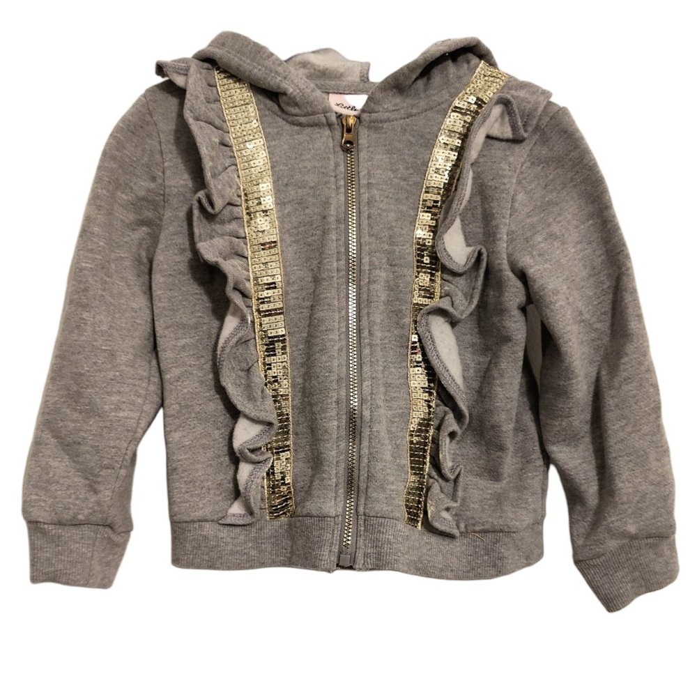Little Lass Gray and Gold Zipper Sweater 2T Ruffle Sequins Hood Lined